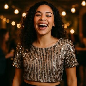 Sparkly Sequin Embellished Crop Top Champagne Short Sleeve Party Date Night